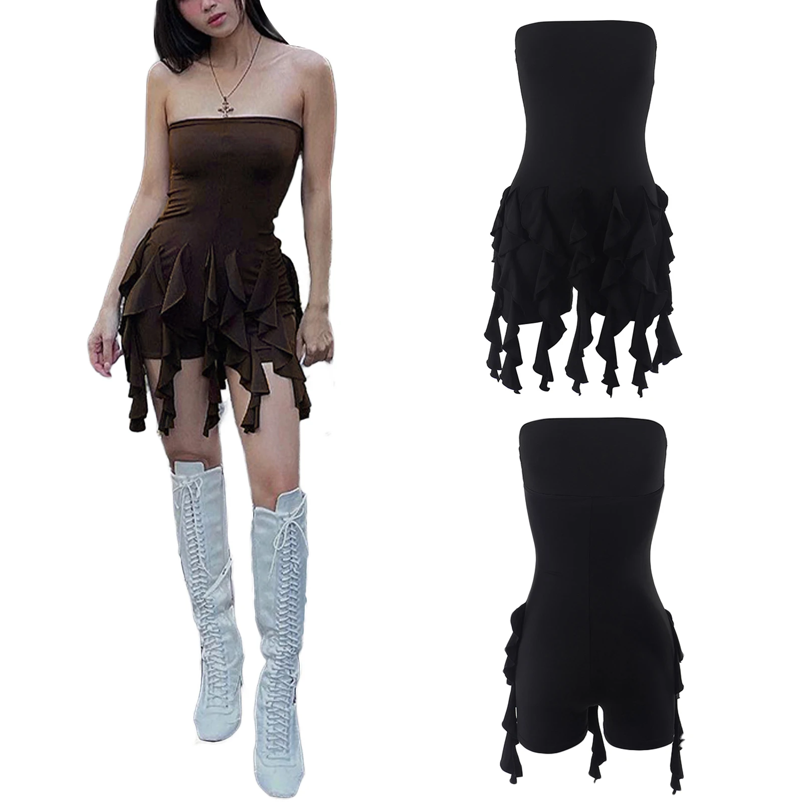 

Women's Solid Color Playsuits Strapless Wrap Chest Ruffles Skinny Short Jumpsuits Summer Bodysuits Rompers Clubwear