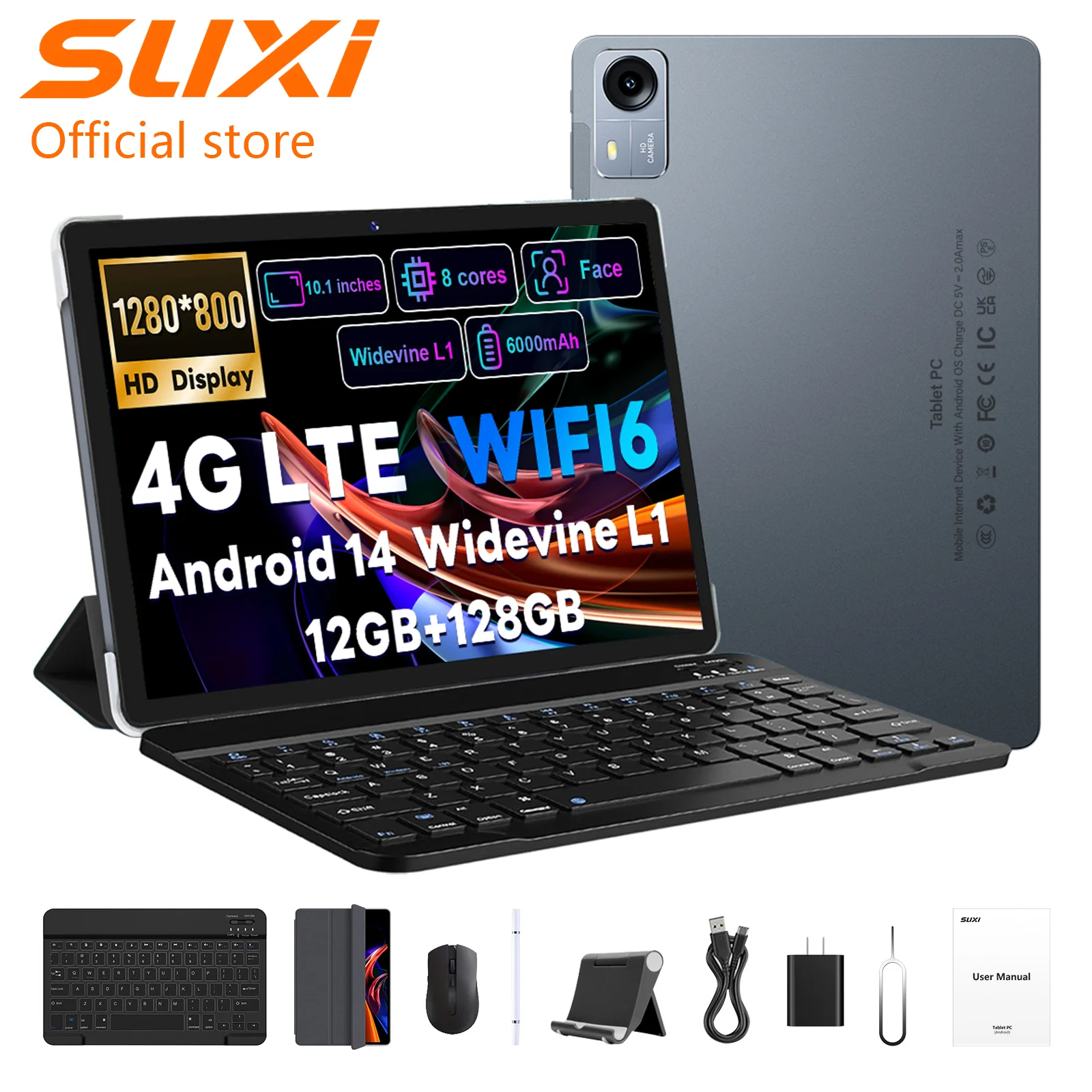 SUXI Poker A3 Android 14 Tablet 10.1" IPS Max 12GB RAM 128GB ROM T606 8-core 6000mAh Keyboard/Case/Mouse/Stylus/Headphone/Stand