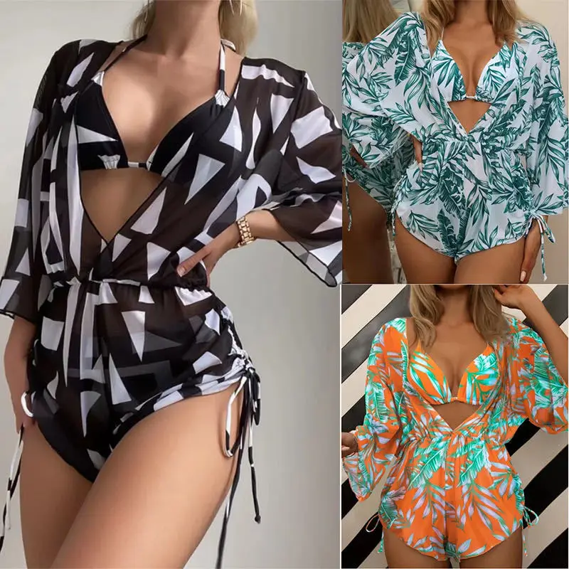 New Three-Piece Set Bikini Beach Sun Protection Printed Drawstring Blouse Swimsuit for Women