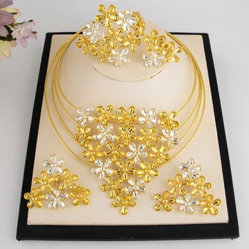 Fashion Silver Gold Color Hollow Shape Necklace Earrings Bracelet Ring Set for Women Exaggerated Design Jewelry Gift for Party