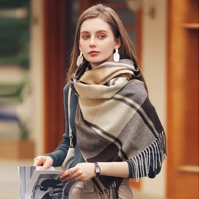 

New Fashion Trend Plaid Imitation Cashmere Women's Scarf Winter Thickened Warm Temperament Elegant Tassel Shawl Birthday Gift