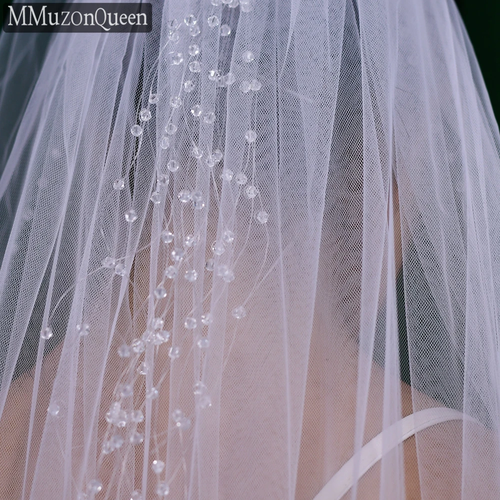 MMQ M20 Crystal Edge Wedding Veil with Comb White Soft Tulle Yarn 1 Tier Fingertip Length Tassel Bridal Veil