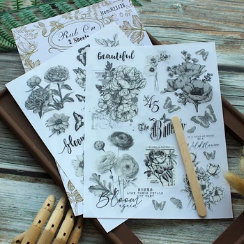KSCRAFT 2 fogli di adesivi per sfregamento floreale, scrapbooking, diario spazzatura, artigianato, adesivi per trasferimento, album fotografici fai da te decorativi