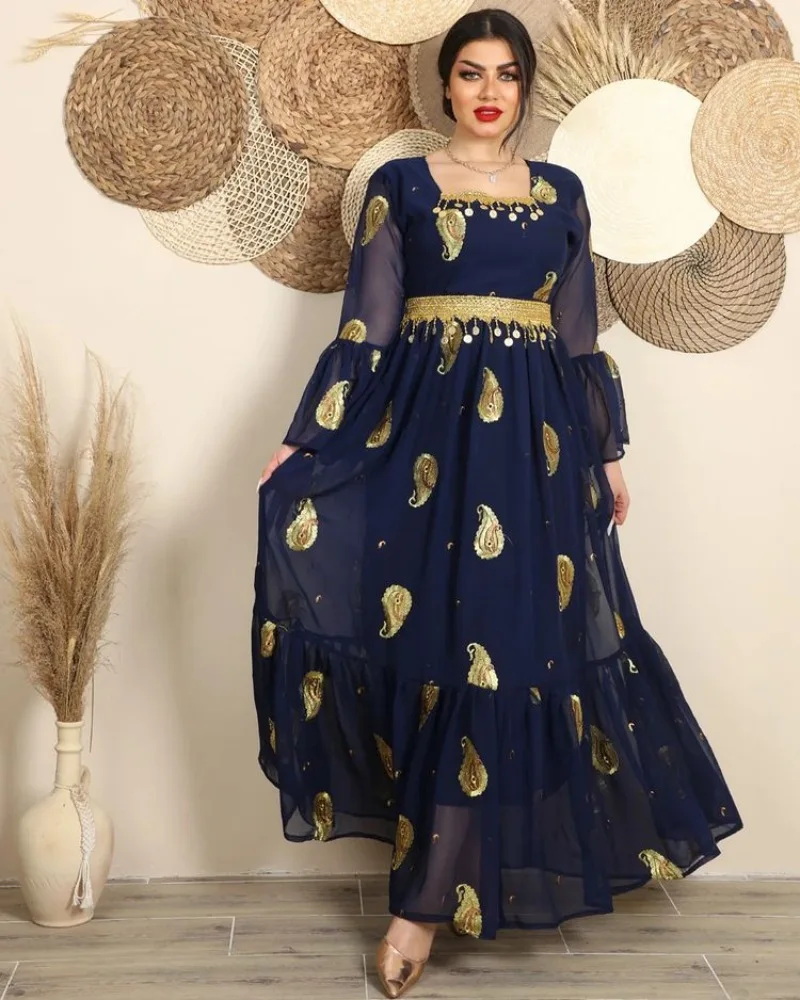 Muslim Middle East Evening Dress Gold Embroidery Dubai Abaya Robe Vestidos De Noche Long Sleeves Vintage