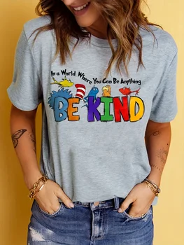 Valentines-Vintage Be Kind Print T-shirt, Short Sleeve, Crew Neck, Casual Top for Summer and Spring, Women's Clothing 1