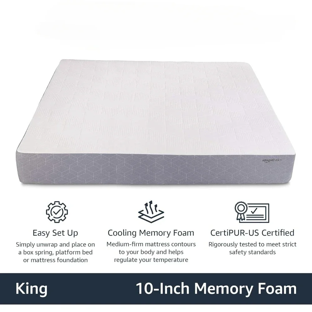 Gel Memory Foam Mattress, Firm, Cooling, King Size Mattress, CertiPUR-US Certified, 80 x 76 x 10 inches, White/Gray 2