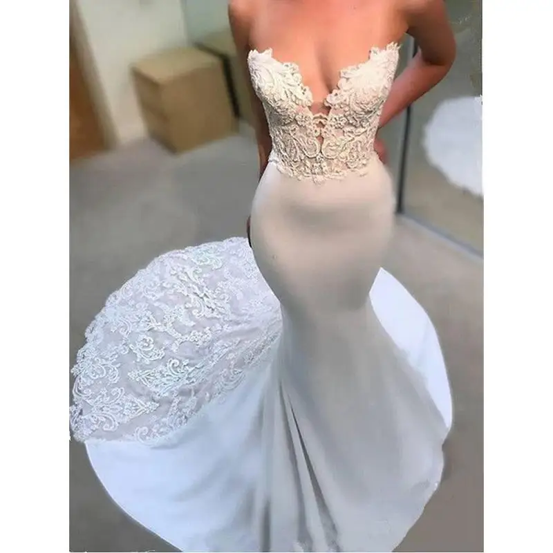 

Mermaid/Trumpet Wedding Dresses Chapel Train Custom Made Floor-Length Crepe Chiffon Lace Appliques Bridal Gowns