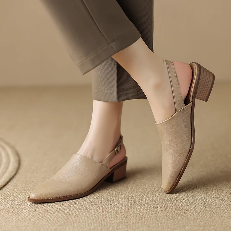 New Office Ladies Casual Women Sandals Concise Spring Summer Pointed Toe High heel Genuine Leather Slingbacks Shoes Woman