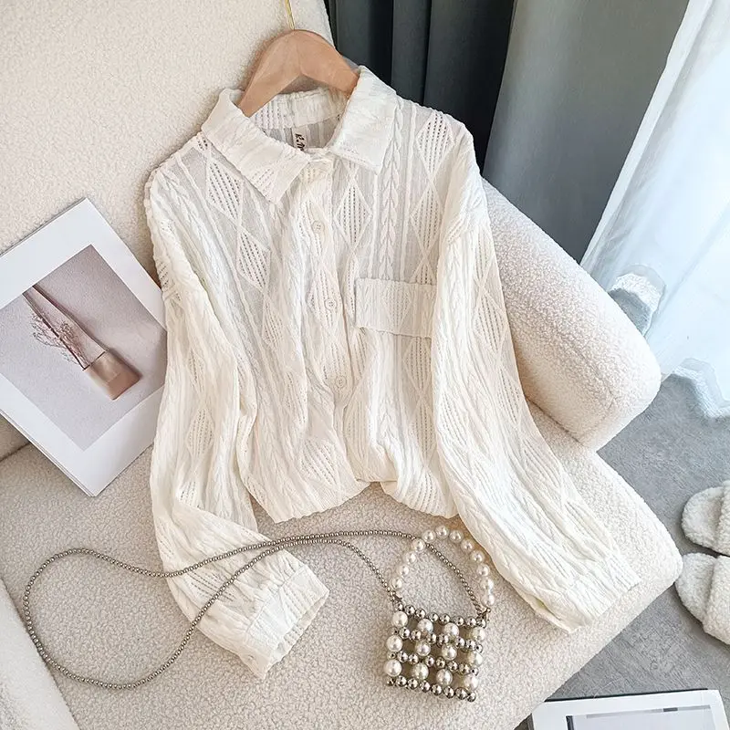 

Женская блузка с отложным воротником EBAIHUI, белые дизайнерские блузки с длинным рукавом и цветочным крючком, весенне-летние повседневные свободные рубашки, Новые Топы