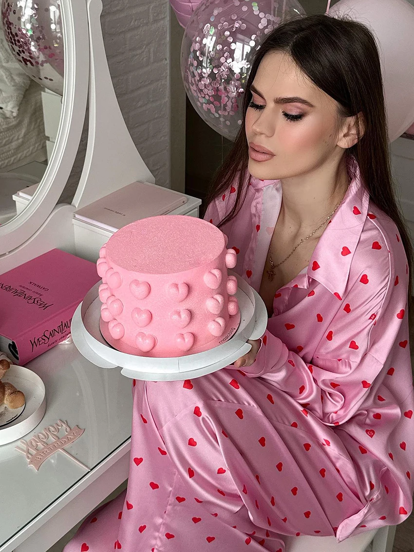 Marthaqiqi Love Printing Female Sleepwear Suits Long Sleeve Nightwear Turn-Down Collar Pajamas Pants Casual Women Nightgowns Set
