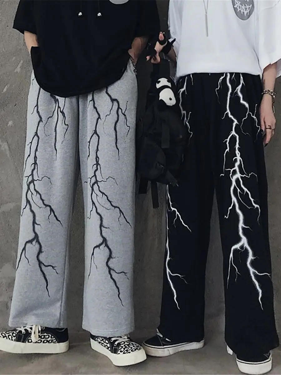 

Black Lightning Pants Streetwear Women High Street Jogger Trousers Hip Hop Rock Pants Spring Summer Cartoon Cargo Pants Females
