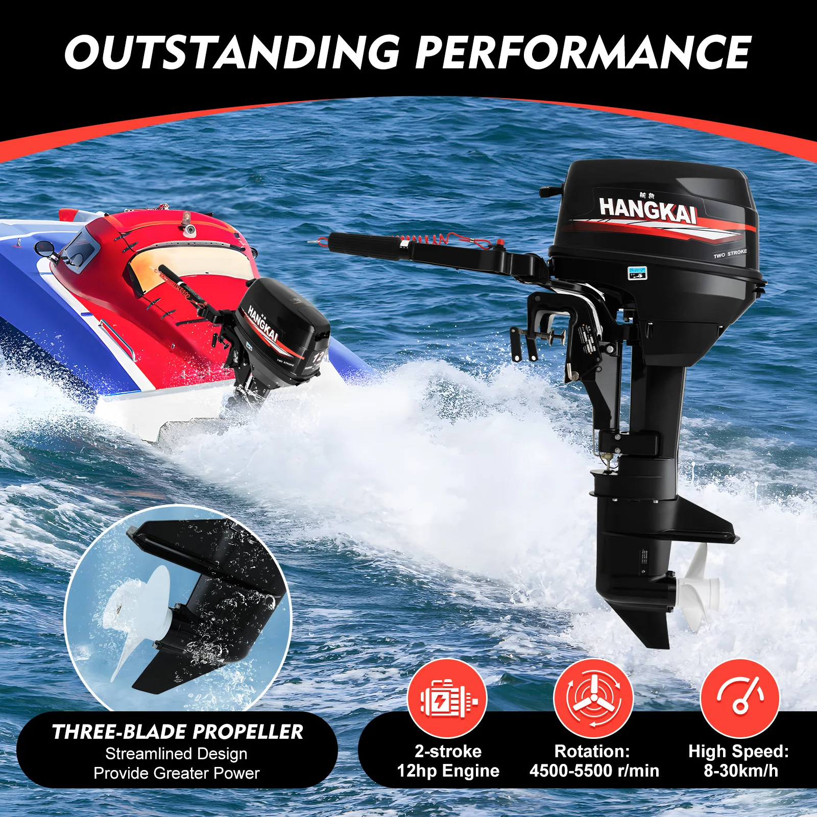 

Outboard Motor Inflatable Fishing Boat Engine with 2 Stroke 169CC 12HP Water Cooling CDI System