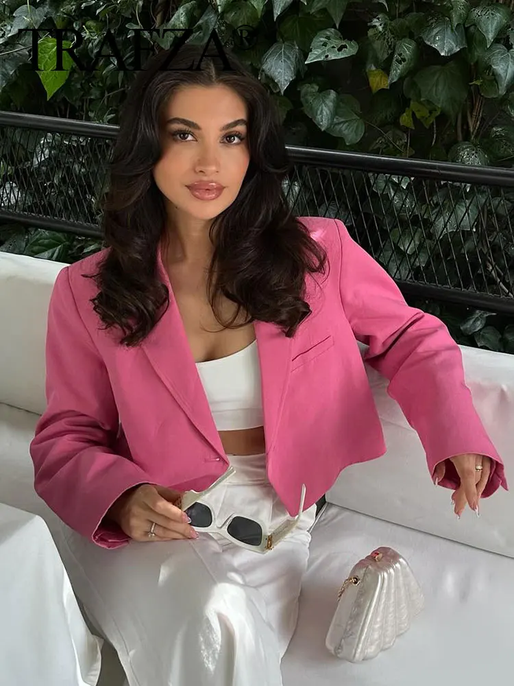 HH Women Cropped Blazer Coat Sweet Pink Single Button Long Sleeve Slim Jacket Spring Autumn Female Commuting Suits Outwear