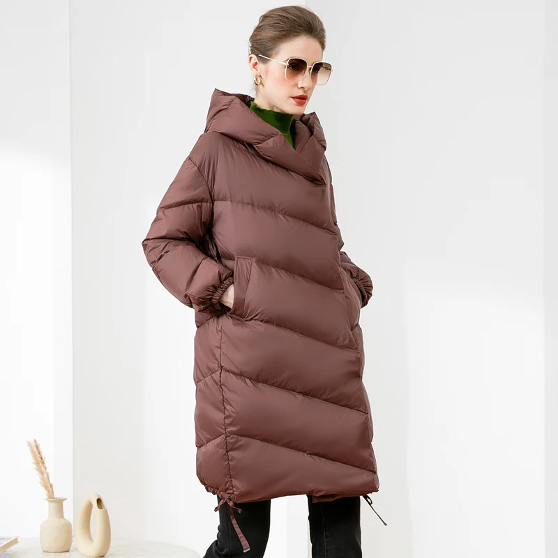 

Женская Ультралегкая длинная пуховая куртка, новинка 2023, зимние теплые женские пальто с капюшоном, парка, утепленное пальто средней длины