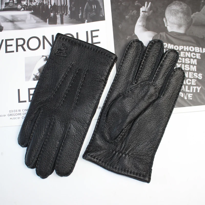 New Men\'s Deerskin Gloves Touch Screen Hand Sewn Classic Fashion Corrugated Breathable Wool Knit Lining Warm Driving Gloves