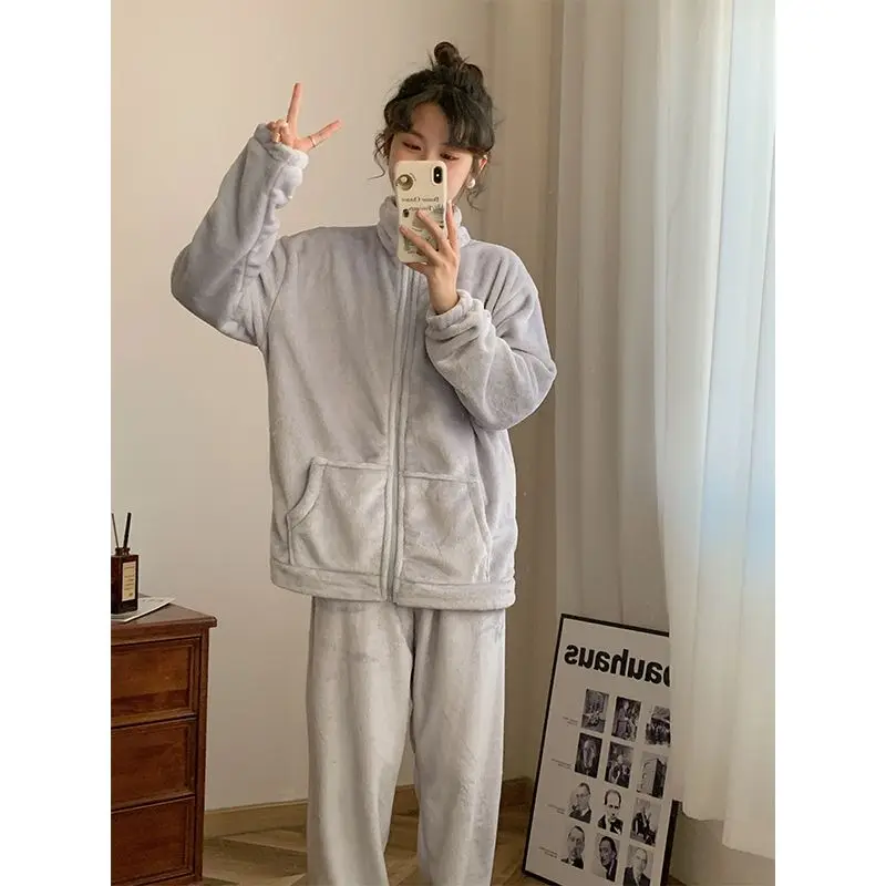 2024 Flannel Pajamas Women Fall Winter Pyjamas Simple Solid Color Nightdress Zipper High-neck Sleepwear Plus Size Warm Home Wear