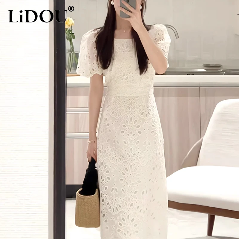 

Summer Fashion Square Collar Hollow Out White Bodycon Robe Femme Puff Short Sleeve Slim Temperament Vestidos Women Casual Dress