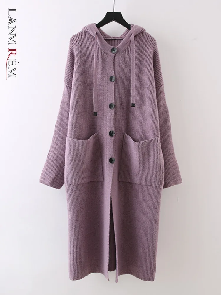 

LANMREM Women Knitted Hooded Mid Length Coat Casual Pockets Single Breasted Solid Color Loose Sweater 2023 Winter New 2AA3417