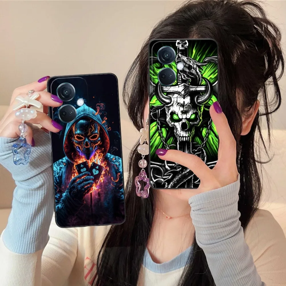 Fire Skull Head Mobile Cell Phone Case For Oppo Find X5 X3 X2 A93 Reno 8 7 Pro A74 A72 A53 Black Soft Phone Cover Funda