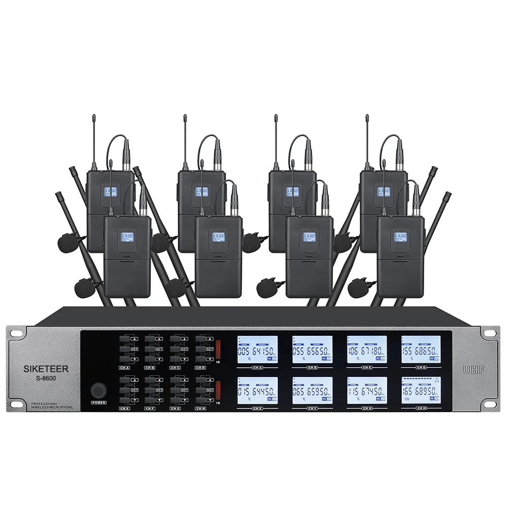 

Wireless Microphone System Professional 8-Channel UHF Lavalier Mic Set for Stage Performances Houses of Worship Meeting Rooms