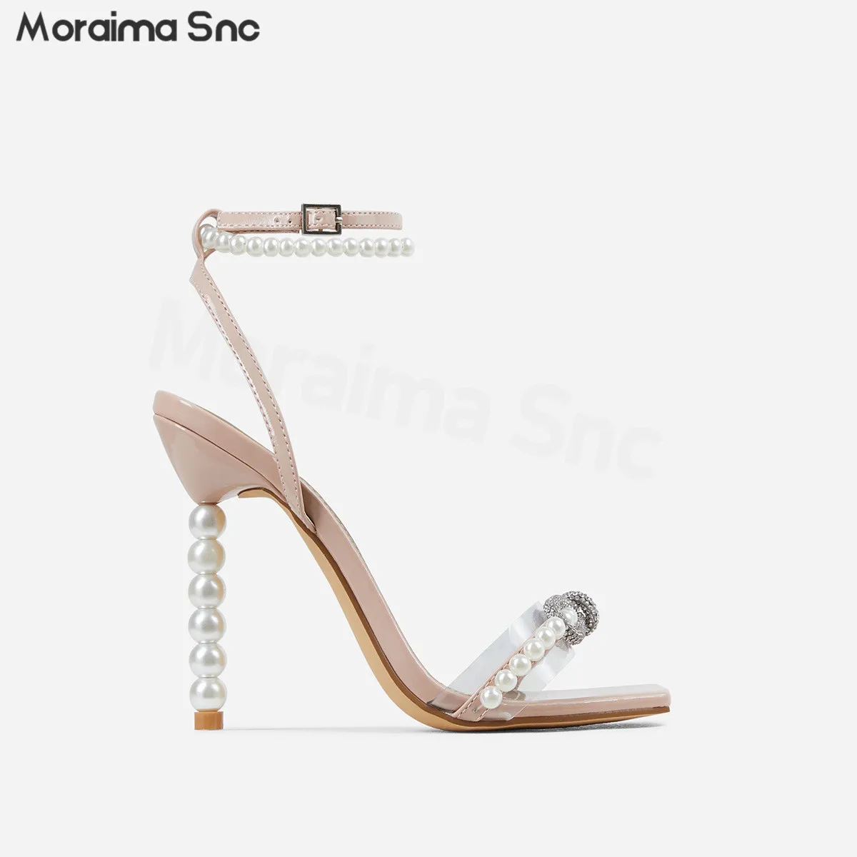 White Pearl Chain Temperament Sandals Square Toe Pearl Heel Rhinestone Bow Knot High Heel Sandals Multicolor Women's Shoes