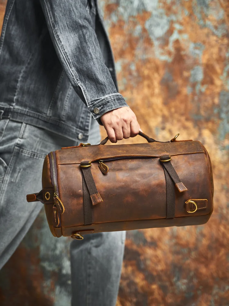 NASVA Genuine Leather Men's Multifunctional Bag Vintage Backpack Crossbody Handbag Tote Cylinder Bag 4