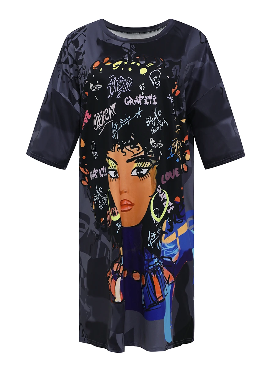 Plus Size Figure Street Letter Print Patchwork Blue Knee Length Dress Oversized T-shirt Women Summer Y2K Outfit Boyfriend Tee