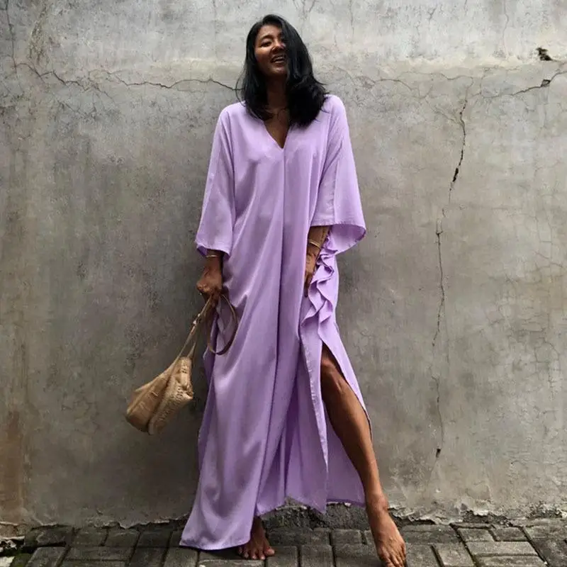 Solid Color Bikini Cover-ups Loose Women Beach Dress Robe De Plage Summer Kimono Dress Beach Wear Swim Suit Cover Up