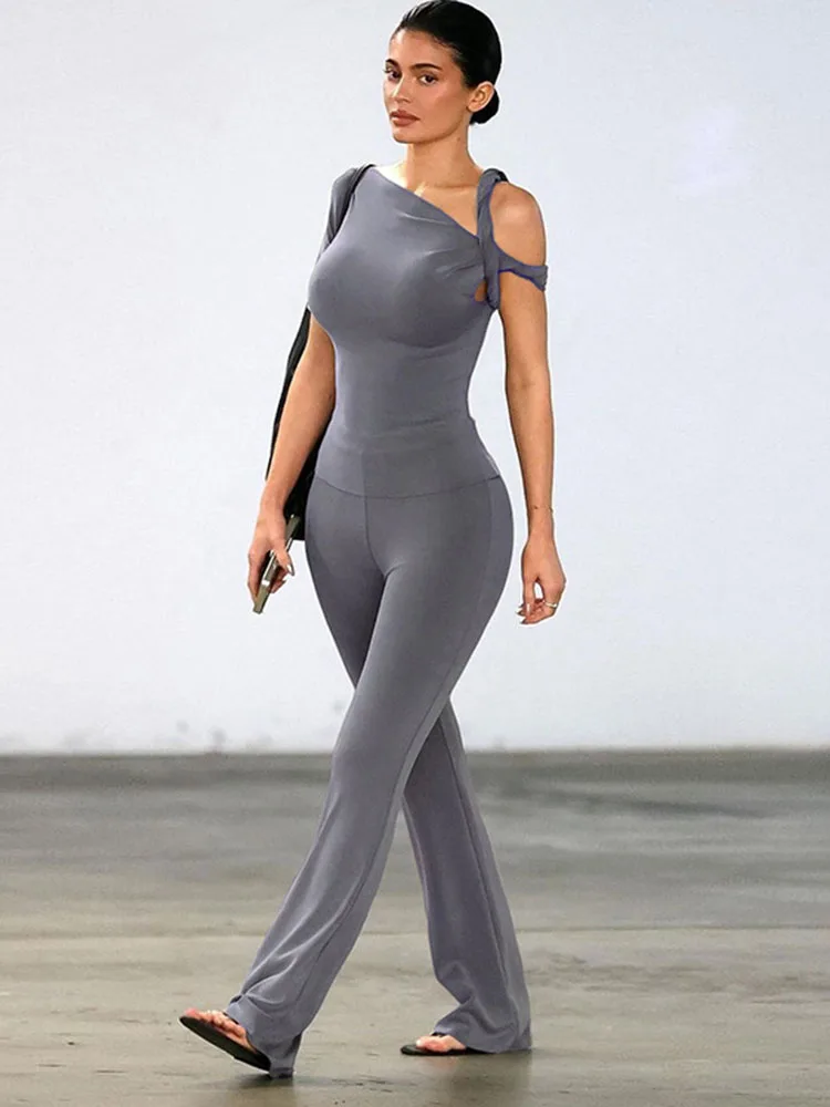 Tossy Fashion One Shoulder Backless Pants Suit Summer Solid Color Casual Slim Elegant Pants Suit Women's Pants Suit 2-piece Set