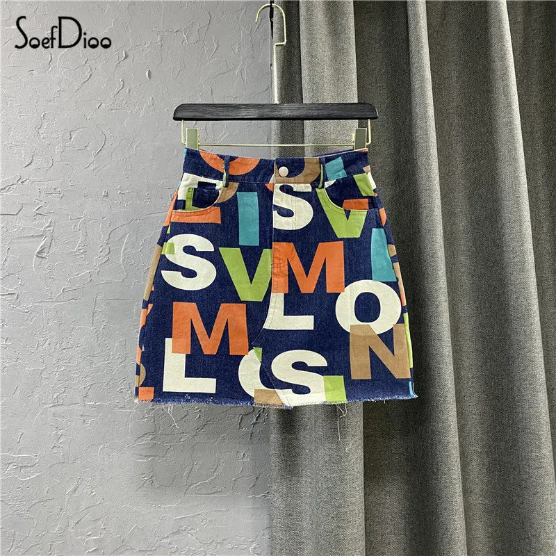 

Soefdioo Multicolor Letter Print Denim Hip Skirt Women Fashion High Waisted Mini Skirts Summer 2023 Female Bottoms Streetwear
