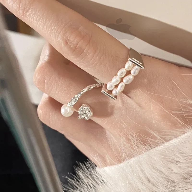 

Trendy Silver Irregular Pearl Rings for Women Fine Jewelry Finger Adjustable Vintage Ring Fashion Party Wedding Gift Accessories