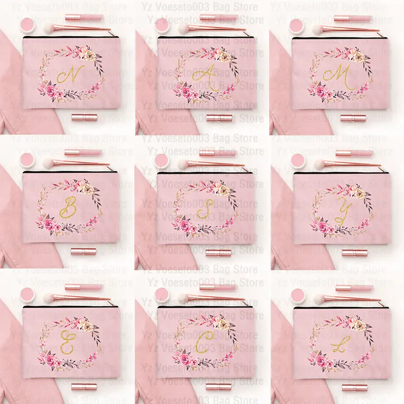 

Printed Letter Canvas Women's Pink Travel Wash Makeup Cosmetic Bags, Makeup Wash Cosmetic Pouch, Pencil Bag Gift for Teacher