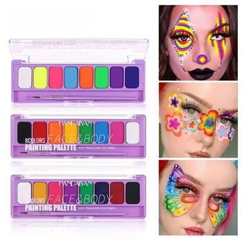 Palette di 8 Colori per Trucco Viso e Corpo, Vernice Fluorescente Solubile in Acqua, Cosmetici UV per Feste di Halloween, Trucco per Travestimenti