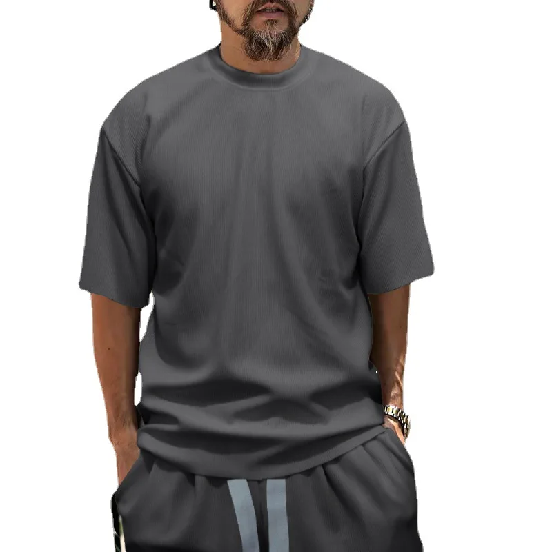Summer Men's Short Sleeved Shorts Set Personalized Solid Color Loose Casual Set Men's Stock In Europe and America Sweatpants