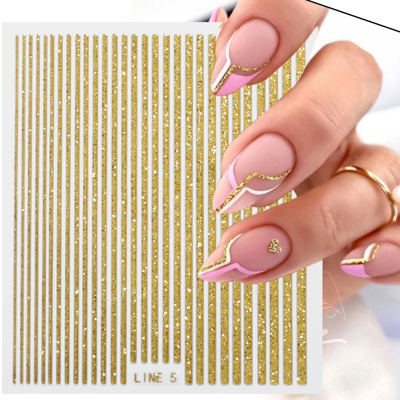 3D Lines Nail Stickers Holographic Silver Rose Gold Metal Stripe Letters Decals Curve Gel Nails Art Sliders Manicure Decor_voghion.com