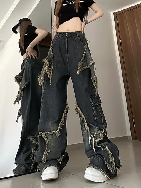 Vintage Star Patch Jeans Men Women Y2K Grunge Patchwork Oversized 