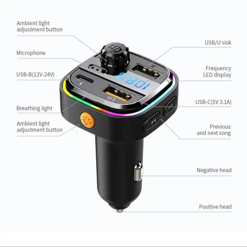 Car Charger Bluetooth 5.0 FM Transmitter Handsfree Car Radio Modulator MP3 Player USB Super Quick Charge Adapte Accessories