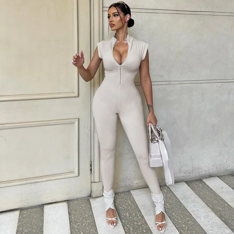 

Woman Sleeveless Jumpsuit Solid Color Front Zipper O Neck Casual Pencil Bodysuit 2Color s-S-L