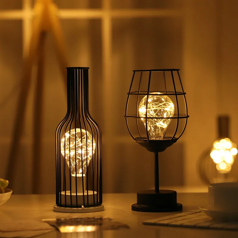 

New Nordic Style Iron Hollow Out Night Lamp Red Wine Bottle LED Night Light For Cafe Hotel Balcony Home Decoration Table Lamp 2#