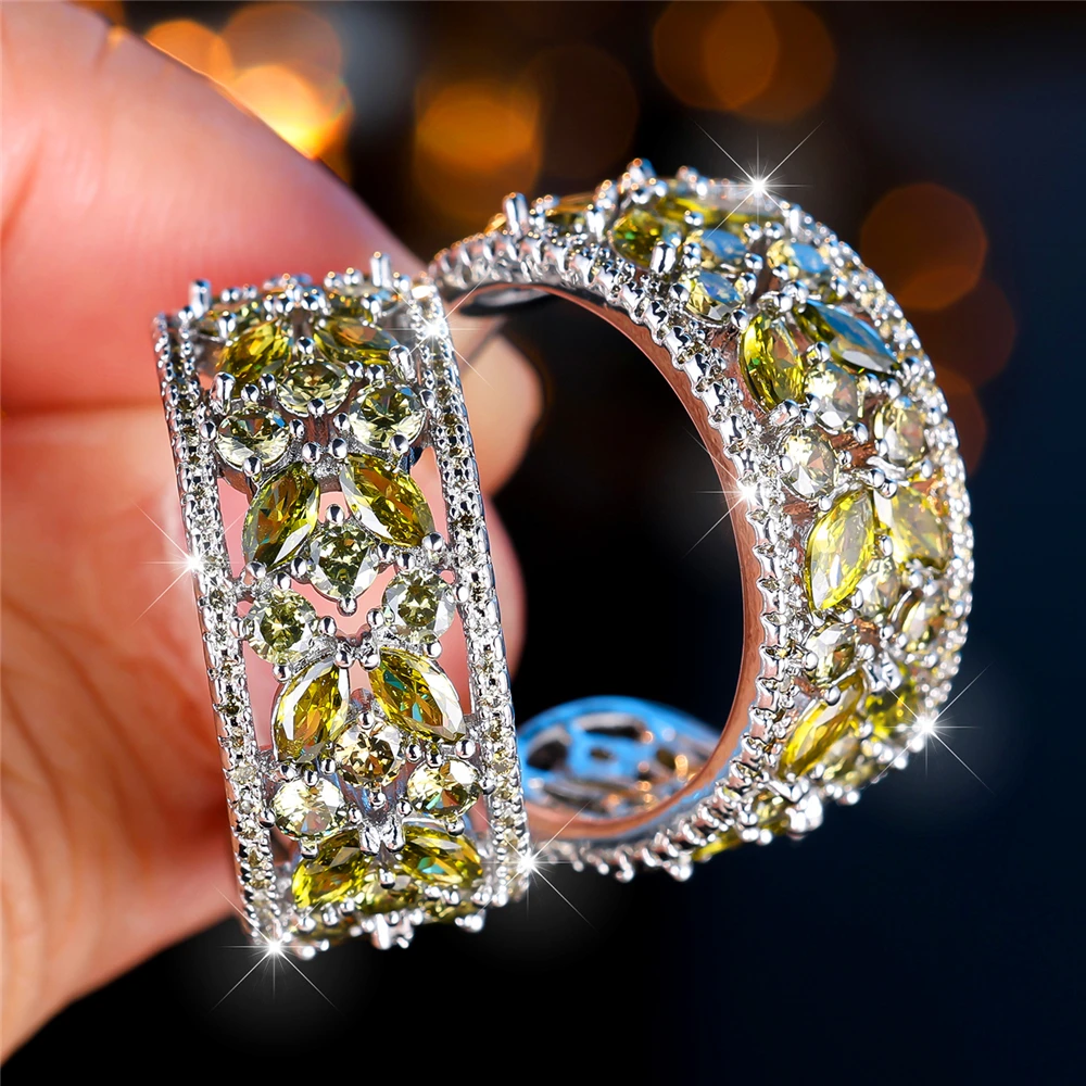 Luxury Female Red Green Purple Zircon Crystal Stone Stud Earrings Big Charm Silver Color Wedding European Jewelry For Women