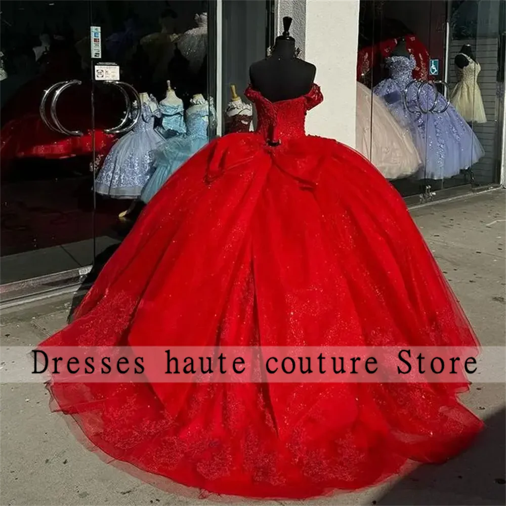 Red Beaded Tulle Sweetheart Quinceanera Dresses Ball Gown With Bow Lace Appliques Sweet 16 Dress Lace Up