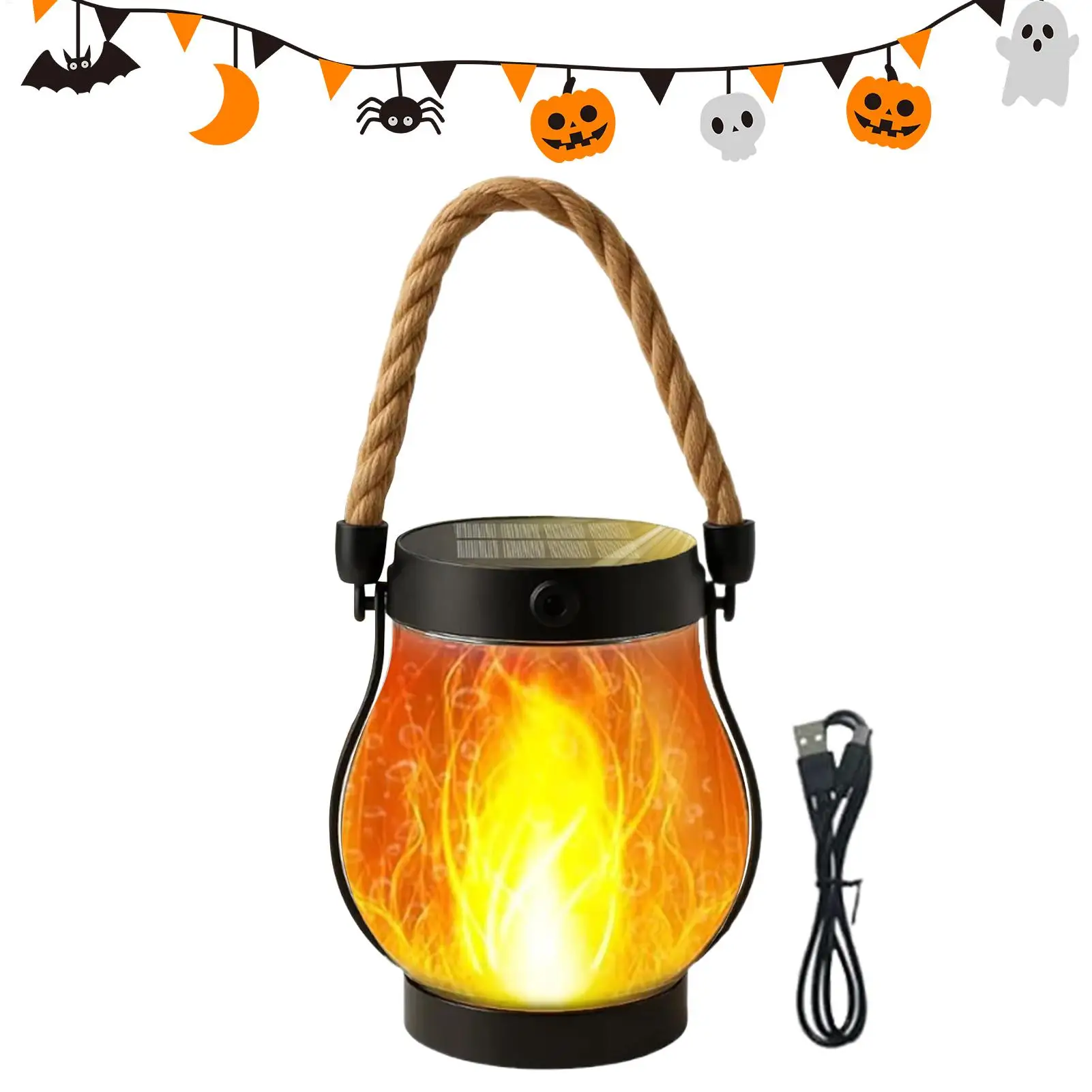 Halloween Flickering Flame Garden Lights Solar Lantern Outdoor Lights with Dancing Flames Hemp Rope Hanging Flickering Lights