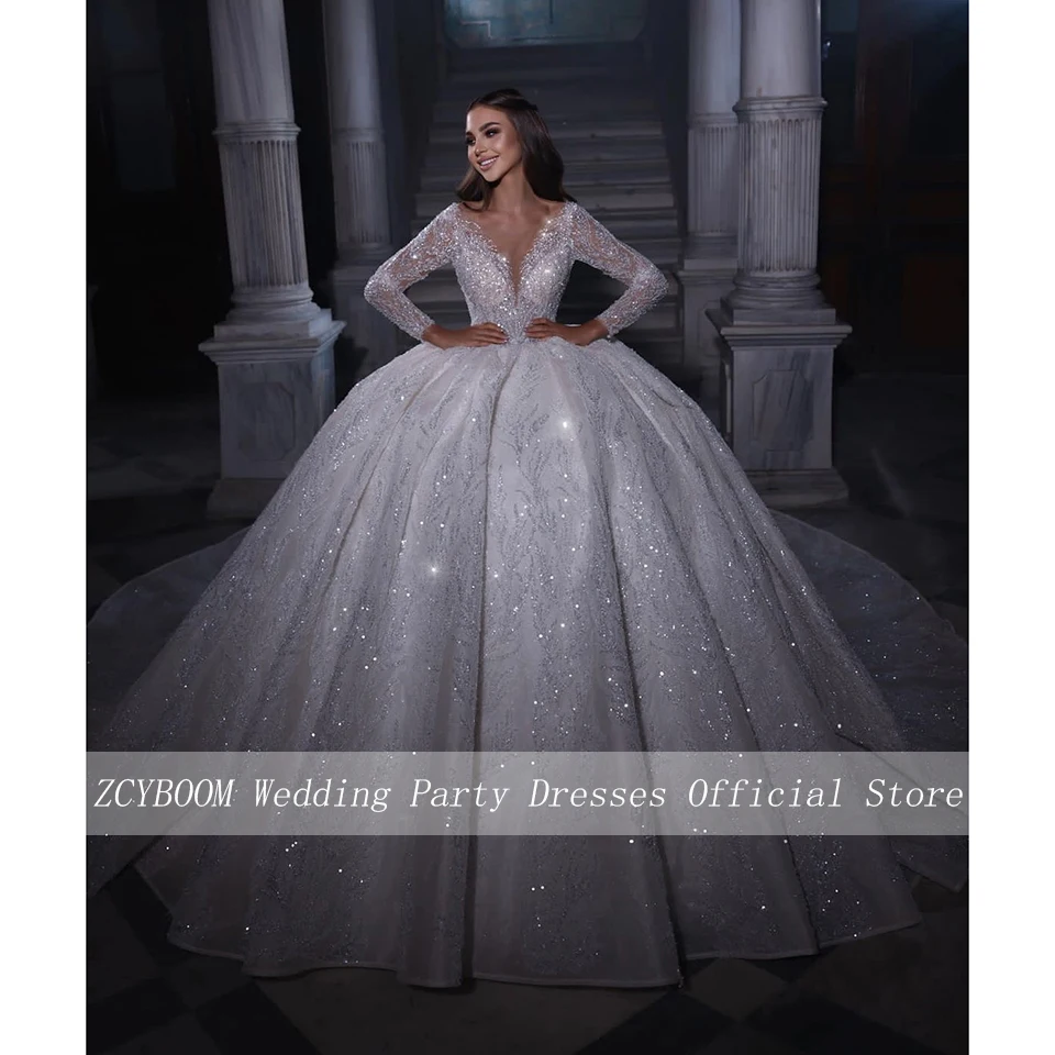 Vestido de noiva de costas abertas com decote redondo, lantejoulas, mangas completas, vestido de baile até o chão, trem varrido, com renda, branco,