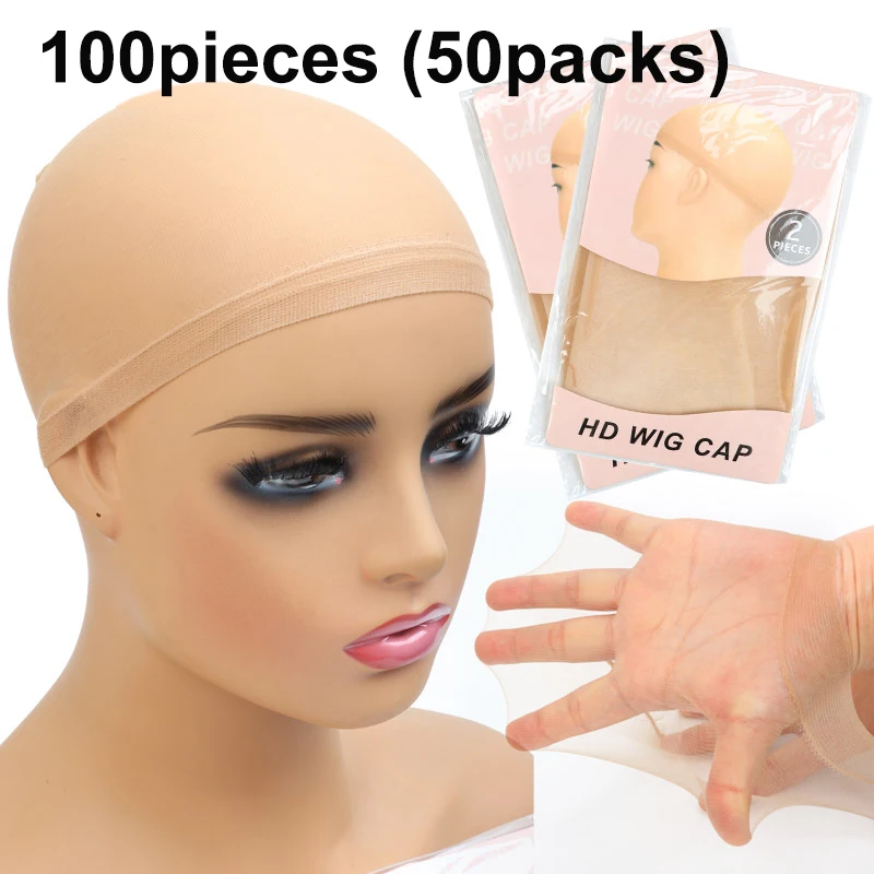 HD Wig Cap 50Packs Thin Stocking Wig Caps Hair Net For Weave Nylon Stretch Mesh Wig Cap HD Lace Net For Wigs 21inch elastic wig caps for making wigs stretch lace weaving cap bonnet perruque for big head with adjustable straps