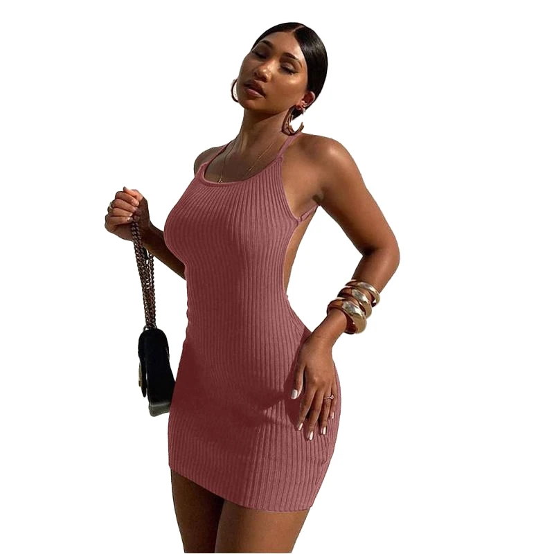 

Women Ribbed Knitted Mini Dress Summer Spaghetti Strap Sexy Backless Bodycon Dresses Party Club Solid Color Vestidos
