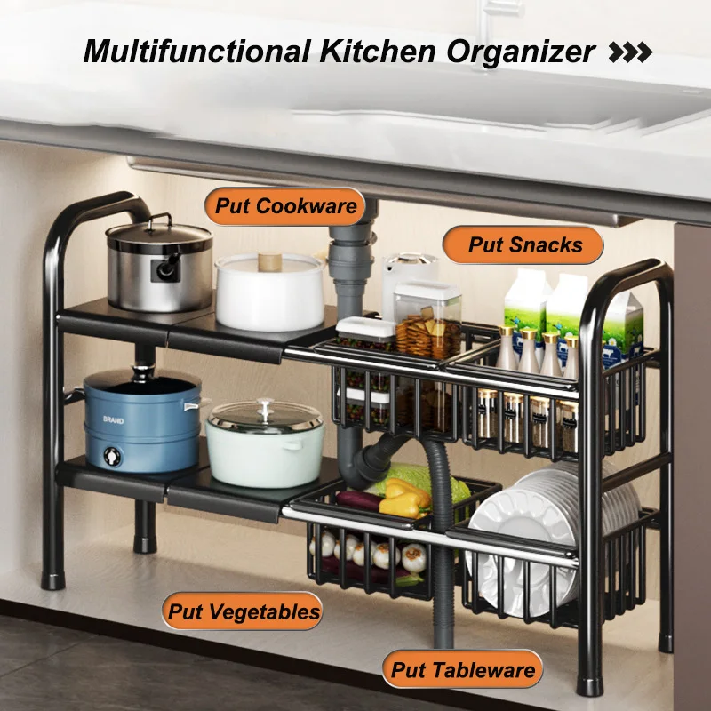 Kitchen Under Sink Adjustable Pot Rack Multifunctional Dish Pans Storage Rack Countertop Basket