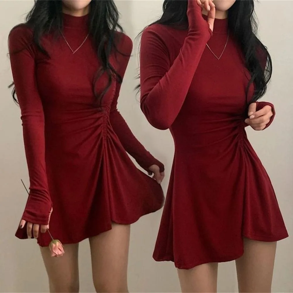 Sweet Long Sleeved Christmas Red Dress A-line Short Skirt Girls Irregular Dress Half High Collar Pleated Slim Thin Dress Party