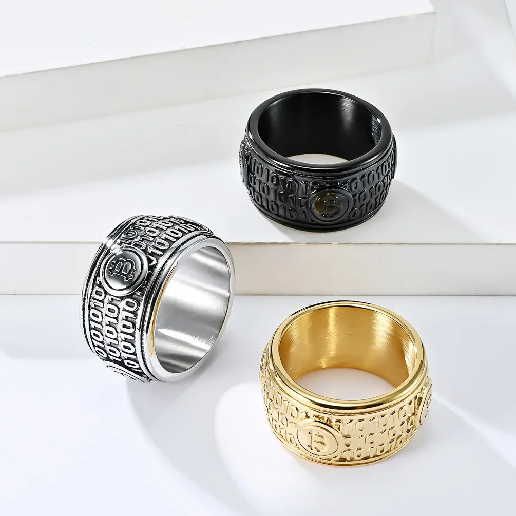 Large Big Stainless Steel Statement Bitcoin Silver Black Gold Plated Ring Hip Hop Jewelry for Men 2