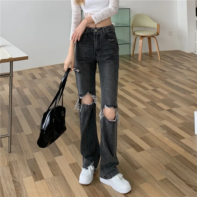 Straight Tube Wide Leg Pants with Holes in Jeans Women's Summer Thin 2023 New Loose High-waisted Hot Girls' Trousers