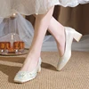 New Embroidery Satin Bride Shoes Women Chinese Style Slip On Thick Heels Pumps Woman Square Toe Wedding High Heel Shoes Ladies 1